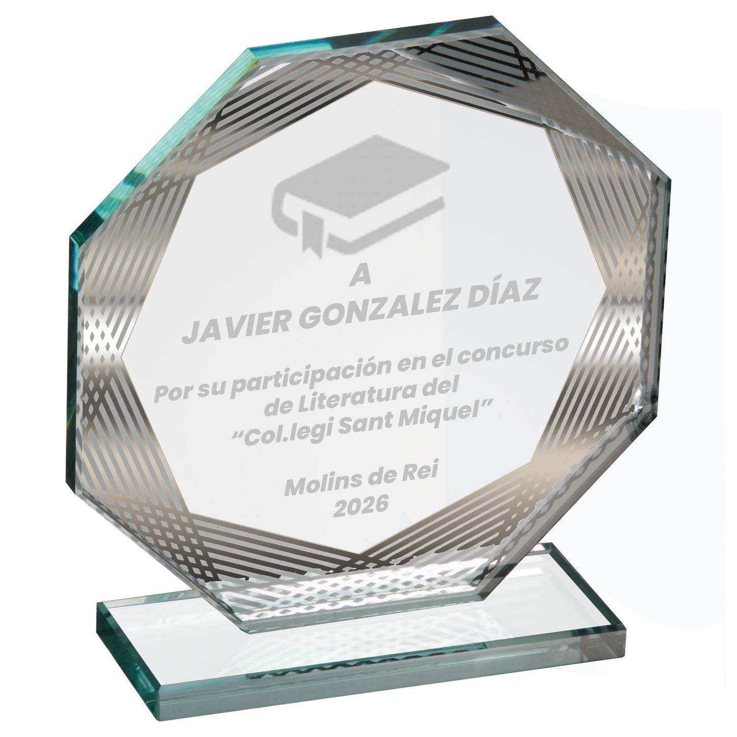 TROFEO DE CRISTAL FORMA OCTAGONAL CON DETALLES PLATEADOS
