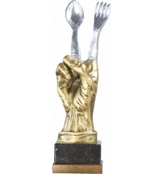 Trofeo de resina mano con cuchara y tenedor