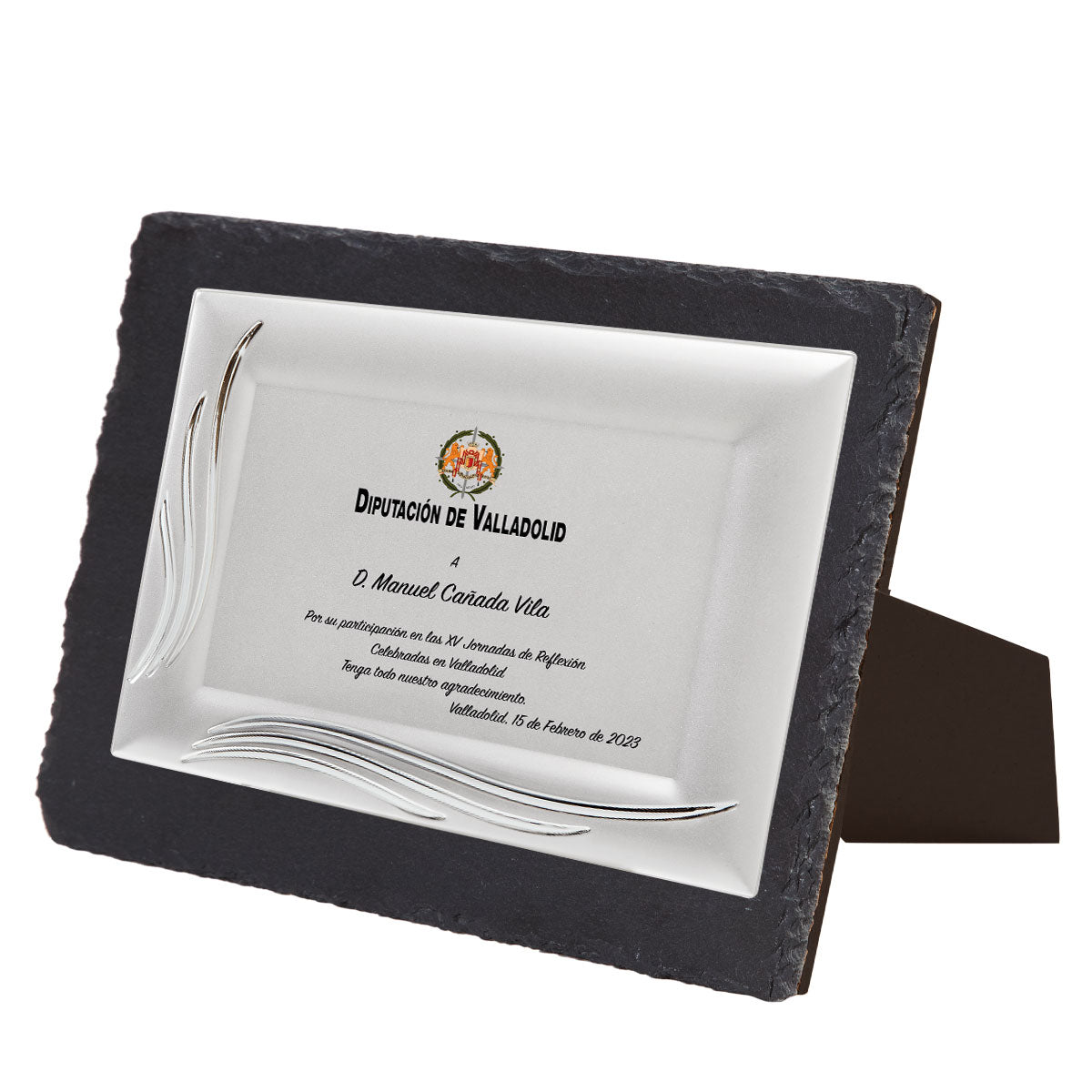 PLACA PLATEADA CON BASE DE PIZARRA-INCLUYE ESTUCHE