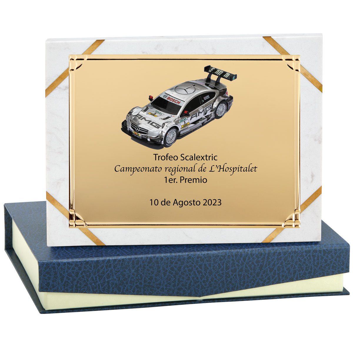 PLACA ALUMINIO DORADA SOBRE BASE DE MÁRMOL-INCLUYE ESTUCHE