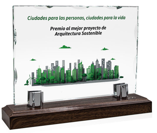 PLACA DE CRISTAL CON BASE DE MADERA