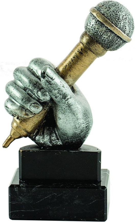 TROFEO MICROFONO Y MANO DE RESINA