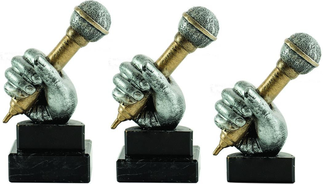 TROFEO MICROFONO Y MANO DE RESINA