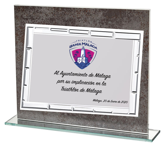 PLACA DE CRISTAL CON FONDO GRIS