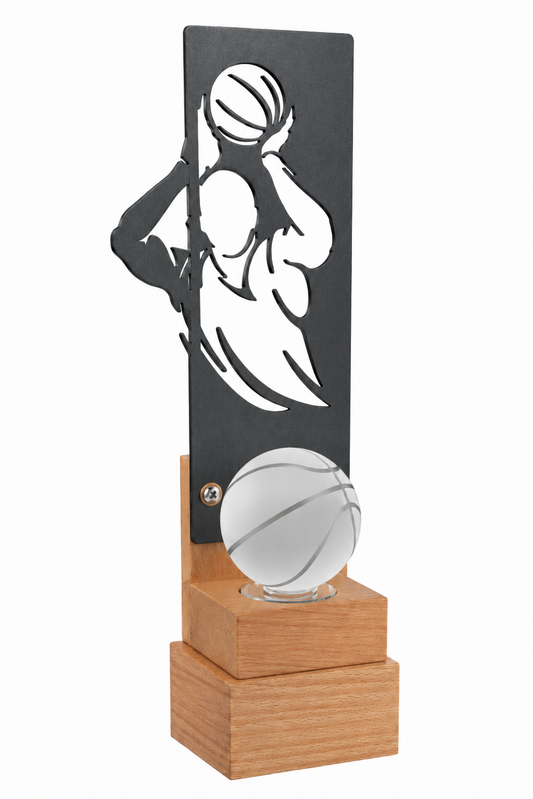 TROFEO DE MADERA Y CRISTAL DE BALONCESTO
