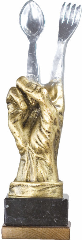 Trofeo de resina mano con cuchara y tenedor