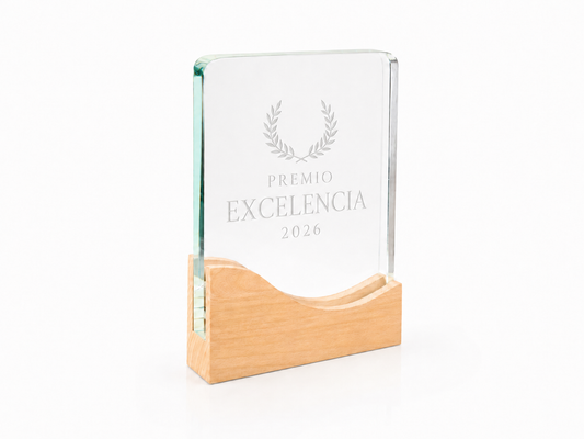TROFEO CRISTAL RECTANGULAR CON PEANA DE MADERA